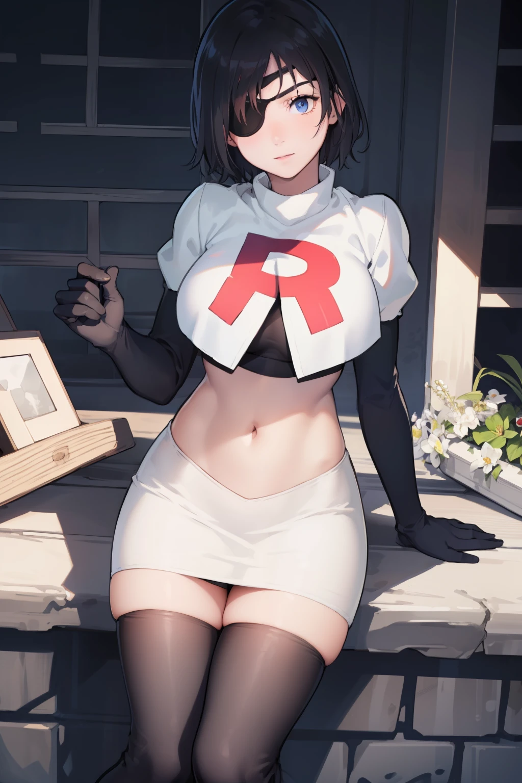 ((masterpiece)), (best quality), beautiful, extremely detailed face, perfect illumination, ultra detailed, 8k, textured skin, beautiful detailed face, beautiful detailed eyes, ambient light, realistic shadows, beautiful detailed pupils, cute, fingers detailed, mature female, hymen \ (chainsaw man \), black eye patch, right eye covered, short hair, blue eyes, short black hair, team rocket,team rocket uniform,white skirt,red letter R,crop top,black thigh-highs,black elbow gloves