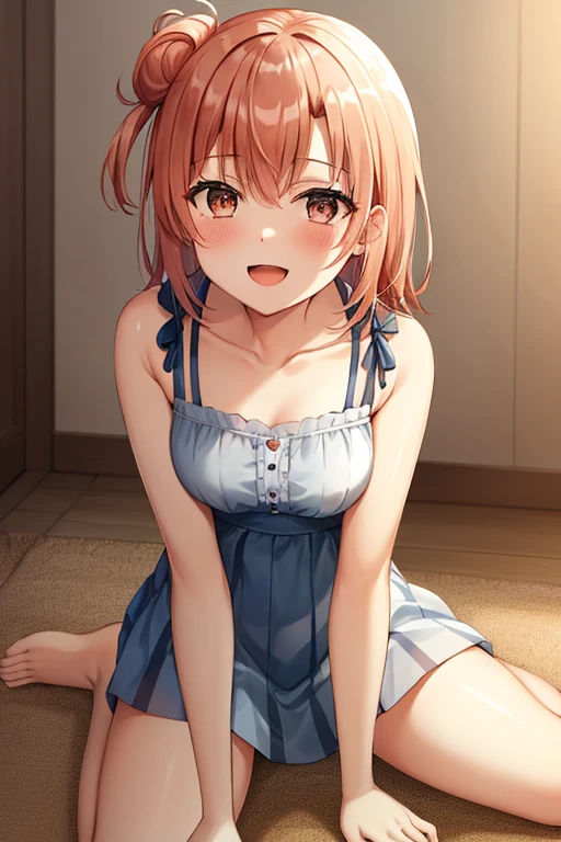 ((highest quality)), ((masterpiece)), (be familiar with), Perfect Face, indoor, Bedroom, Watching the audience,
One woman, Yuigahama Yui,
Open Mouth, Ecstatic expression, blush, smile,
Small breasts, Flat Chest, Young Girl, , , Girl,
Short Hair, Salmon-colored hair, Salmon-colored eyes, Side Pony,
Leg spread,