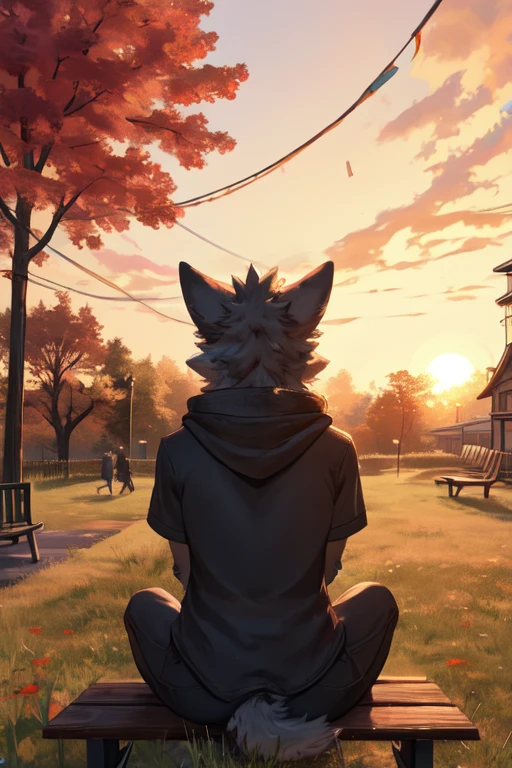 ((best quality)), ((masterpiece)), (detailed), perfect face , back view , distant , sitting on bench in park , sunset , two furrys