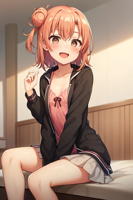 ((highest quality)), ((masterpiece)), (be familiar with), Perfect Face, indoor, Bedroom, Watching the audience,
One woman, Yuigahama Yui,
Open Mouth, Ecstatic expression, blush, smile,
Small breasts, Flat Chest, Young Girl, , , Girl,
Short Hair, Salmon-colored hair, Salmon-colored eyes, Side Pony,
Leg spread,