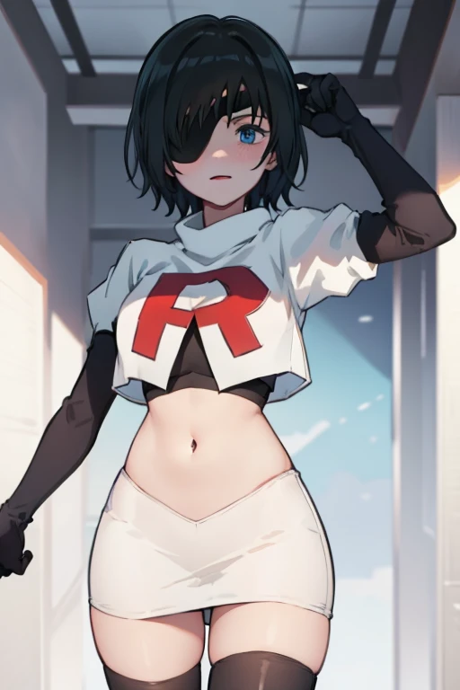 Himeno , team rocket,team rocket uniform,white skirt,red letter R,crop top,black thigh-highs,black elbow gloves