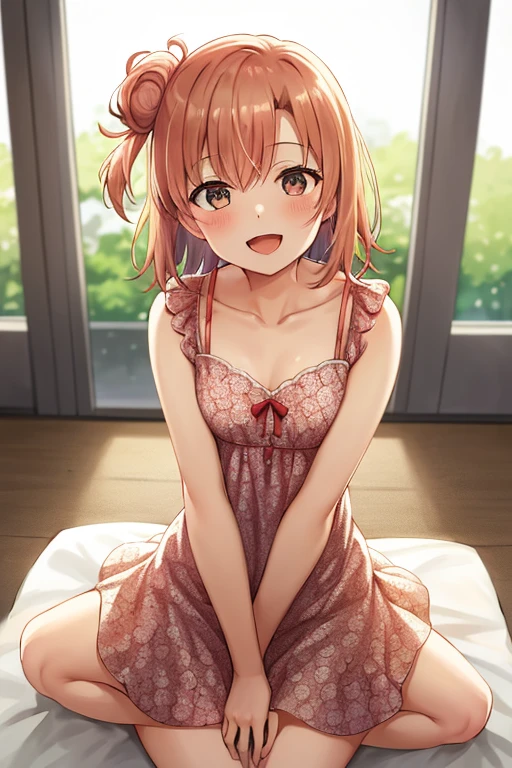 ((highest quality)), ((masterpiece)), (be familiar with), Perfect Face, indoor, Bedroom, Watching the audience,
One woman, Yuigahama Yui,
Open Mouth, Ecstatic expression, blush, smile,
Small breasts, Flat Chest, Young Girl, , , Girl,
Short Hair, Salmon-colored hair, Salmon-colored eyes, Side Pony,
Leg spread,