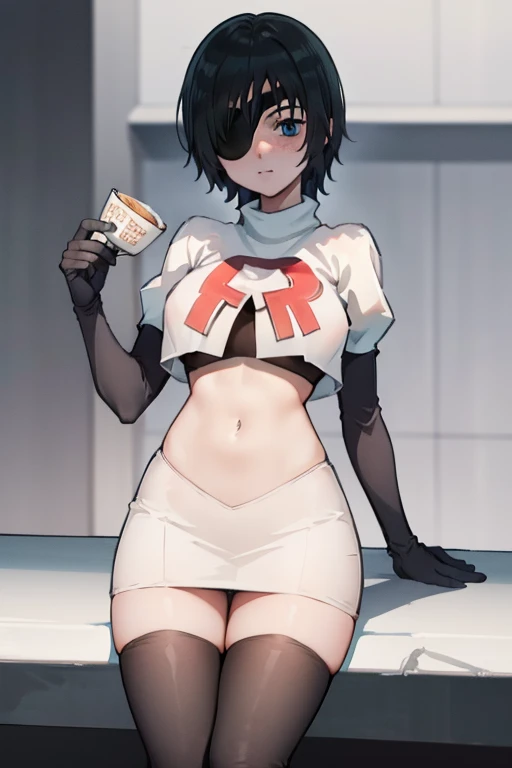 Himeno , team rocket,team rocket uniform,white skirt,red letter R,crop top,black thigh-highs,black elbow gloves