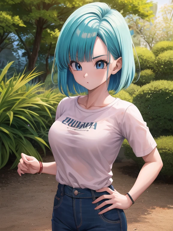 Obra maestra, mejor calidad, high resolution, Dragon Ball, blmmid, pelo aguamarina, pelo medio, flequillo contundente, diadema roja, pechos medianos, camisa, Falda, tiro de vaquero, adentro, de pie,