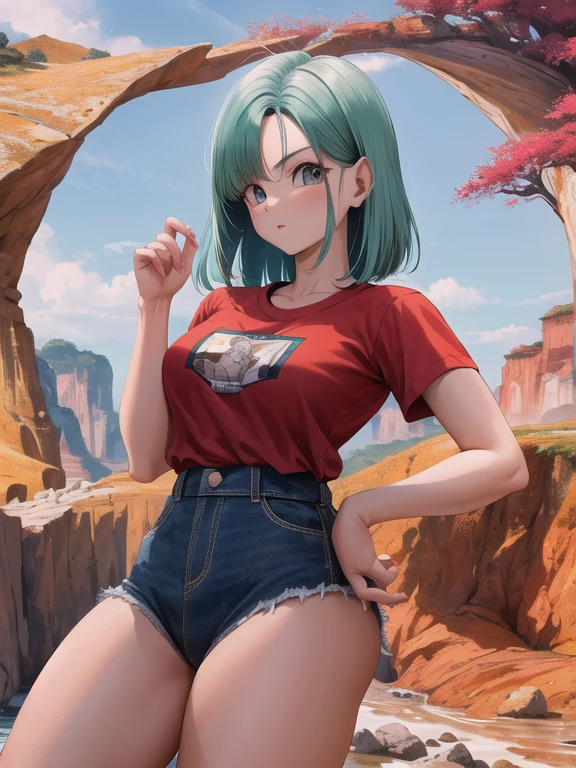 Obra maestra, mejor calidad, high resolution, Dragon Ball, blmmid, pelo aguamarina, pelo medio, flequillo contundente, diadema roja, pechos medianos, camisa, Falda, tiro de vaquero, adentro, de pie,