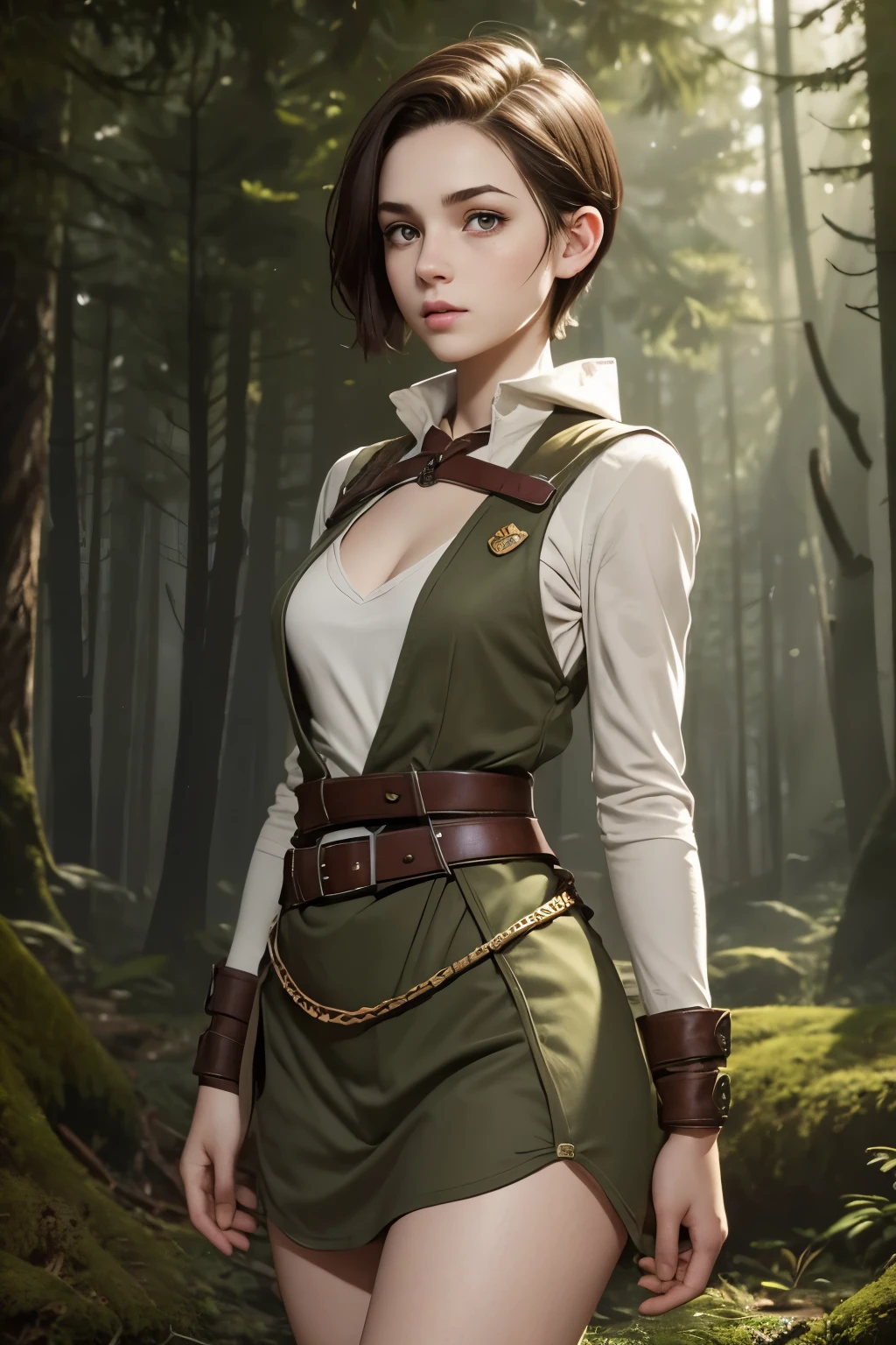 A young female ranger in a fantasy setting. Wearing an outfit of a lonly ranger. She is rather slim. Very small breasts. Wide hips and long thick legs. Extremly pale skin with liverspots. Dark brown hair sidecut. A very very short boyish haircut. Extremly short hair with sidecut. A narrow soft face. Soft round chin. Rather big forehead. A very long and big nose. Cute curved lips. Big upturned eyes. Very bright and barley visible eyebrows. Very very thin eyebrows. Pale skin with freckles and liverspots. Long neck. Soft, Kind, friendly, Intelligent. Background: A romantic colourful forest.