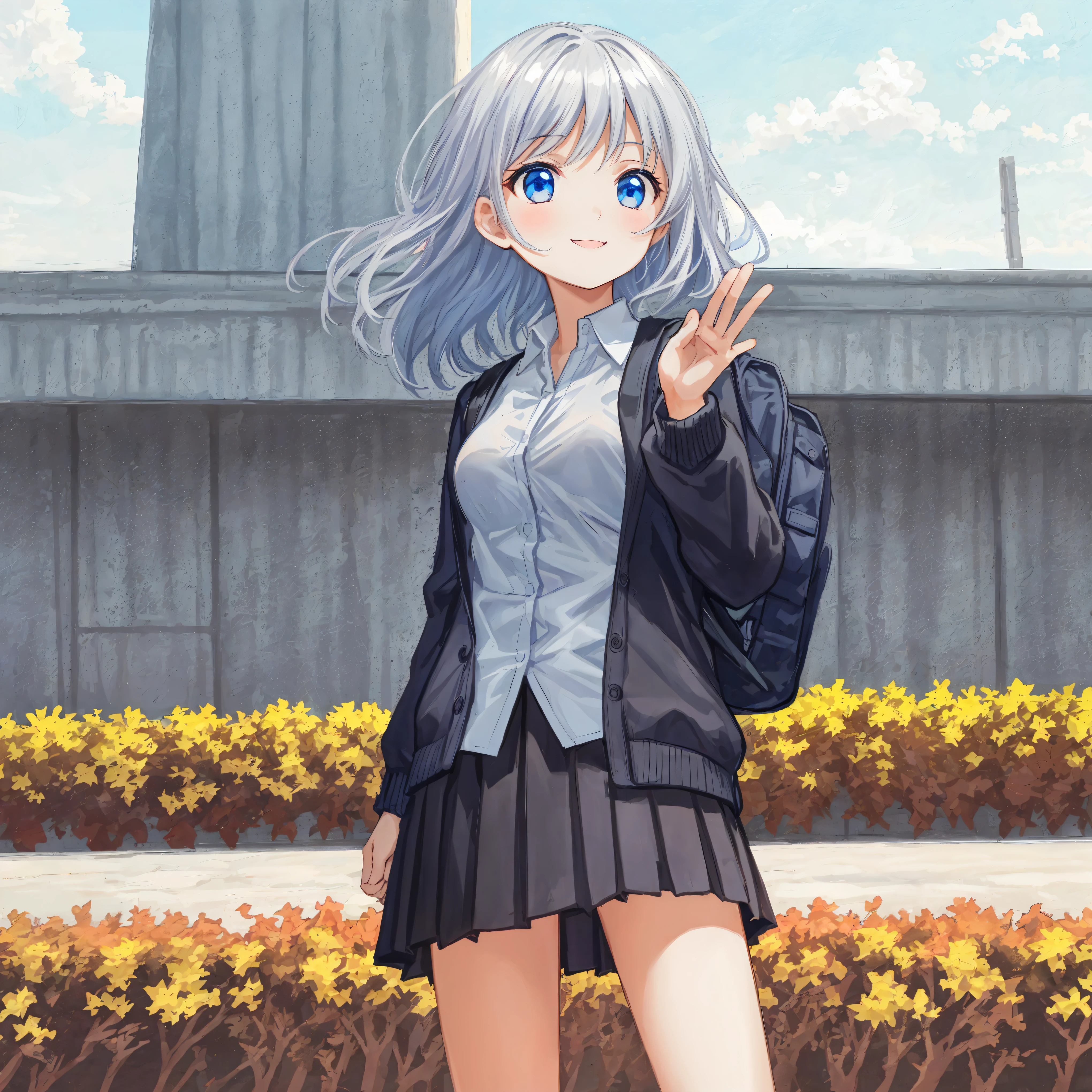 Beautiful illustrations,Looking away,highest quality, smile,pretty girl,wave hands,brush,Black pleated skirt,shirt,School flower beds,Sidewalk,Carry a small backpack,High-quality backgrounds,Slanted Eyes,From Below,medium short wavy silver hair1;4,{{Beautiful large and medium sized breasts 1:4}},Black cardigan,Red ribbon,Detailed shirt chest wrinkles,{{{high school girl}}},Photoreal 1;4,BREAK,{{beautiful blue eye1:4}},BREAK,Five fingers,smile