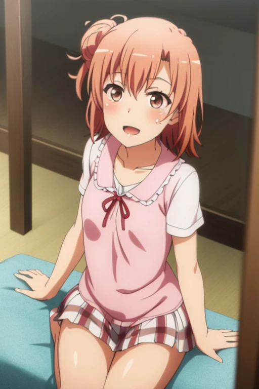 ((highest quality)), ((masterpiece)), (be familiar with), Perfect Face, indoor, Bedroom, Watching the audience,
One woman, Yuigahama Yui,
Open Mouth, Ecstatic expression, blush, smile,
Small breasts, Flat Chest, Young Girl, , , Girl,
Short Hair, Salmon-colored hair, Salmon-colored eyes, Side Pony,
Leg spread,