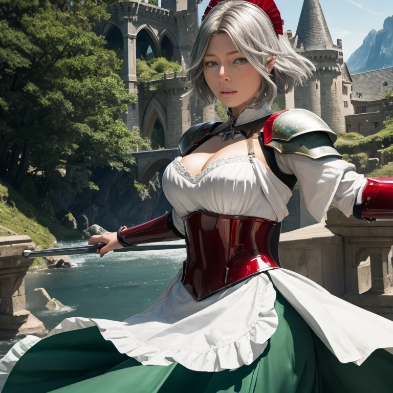 Jessica Biel, masterpiece, best quality, illustration, fighting pose, 1girl, noelle genshin impact, short silver hair, green eyes, maid skirt with red side parts, maid knight, maid knight armor, castle bridge, water,