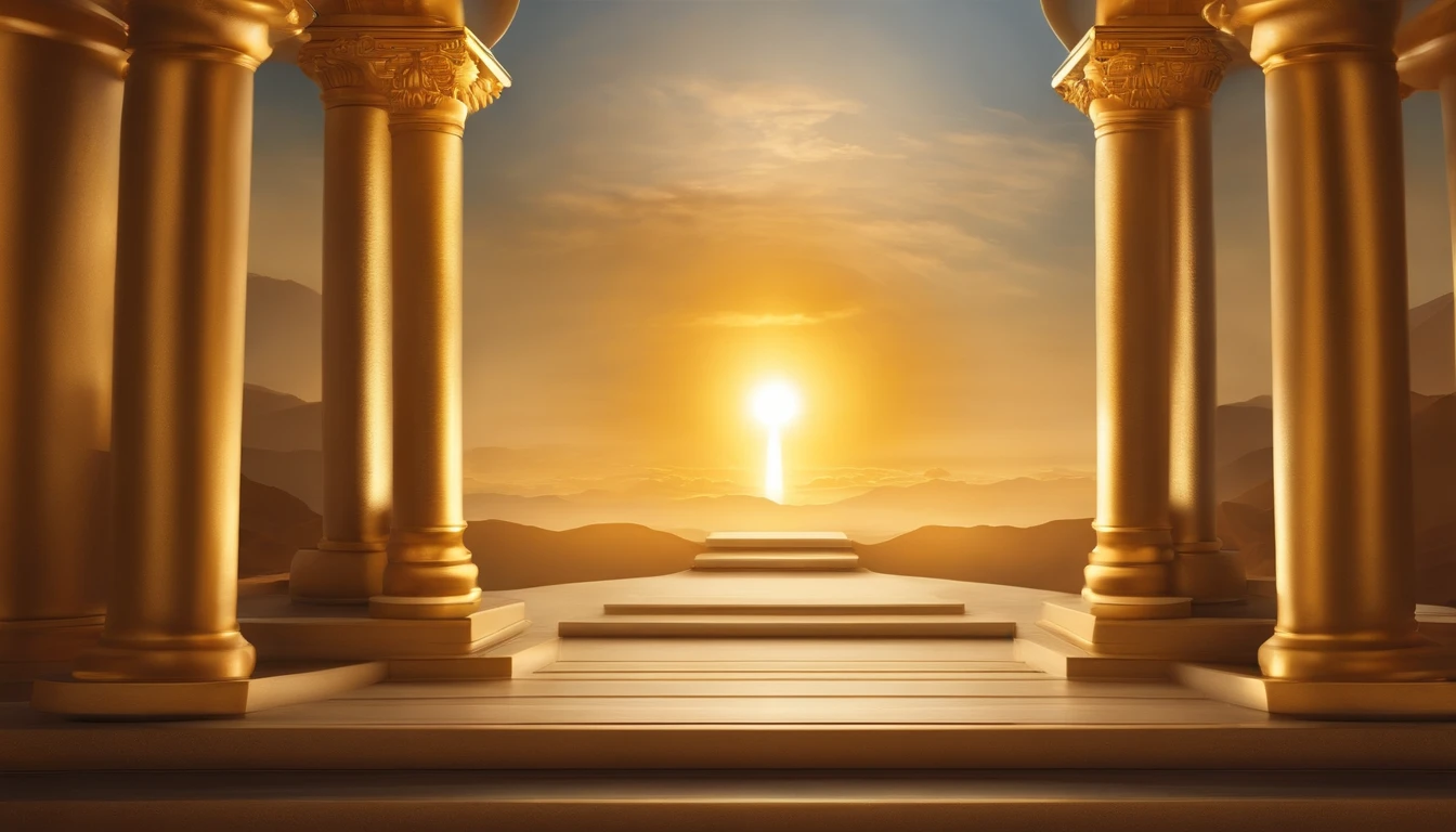 Illustration of a staircase leading to a doorway where light enters, The Golden Gate of Heaven!!!!!!!!, Pillar of pure gold, The Gate of the High Golden Sky, The Golden Pillar, Temple Background, lampshade light shaft, Tabernacle Deep Focus, light kingdom backdrop, The Temple of Truth is White, Where the sun shines in the center, Heaven's Gate, Greek Temple Background