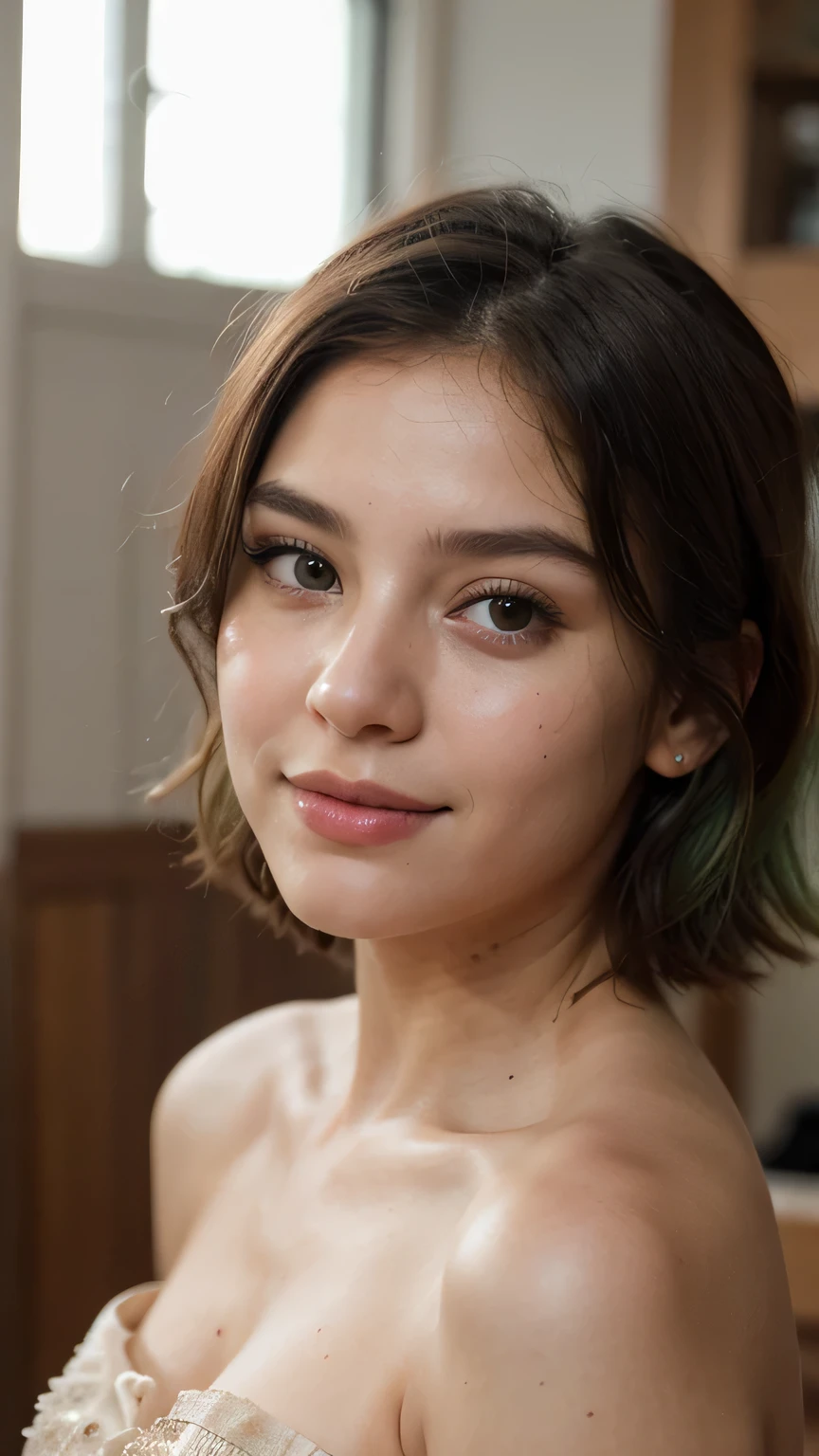 (Masterpiece:1.3), (8k, photoreallistic, Photo brute, Best quality: 1.4), Peuple japonais, (1 fille),25 ans, beau visage, (realistic face), (cheveux noirs, Cheveux courts:1.3), belle coiffure, realistic eyes, beaux yeux, beaux yeux, (realistic skin), belle peau, attractif, ultra high def, High definition, Gros plan, portrait, golden ratio, face detail, Regardez le spectateur, sourire, (Shoulder look), Poitrine moyenne,