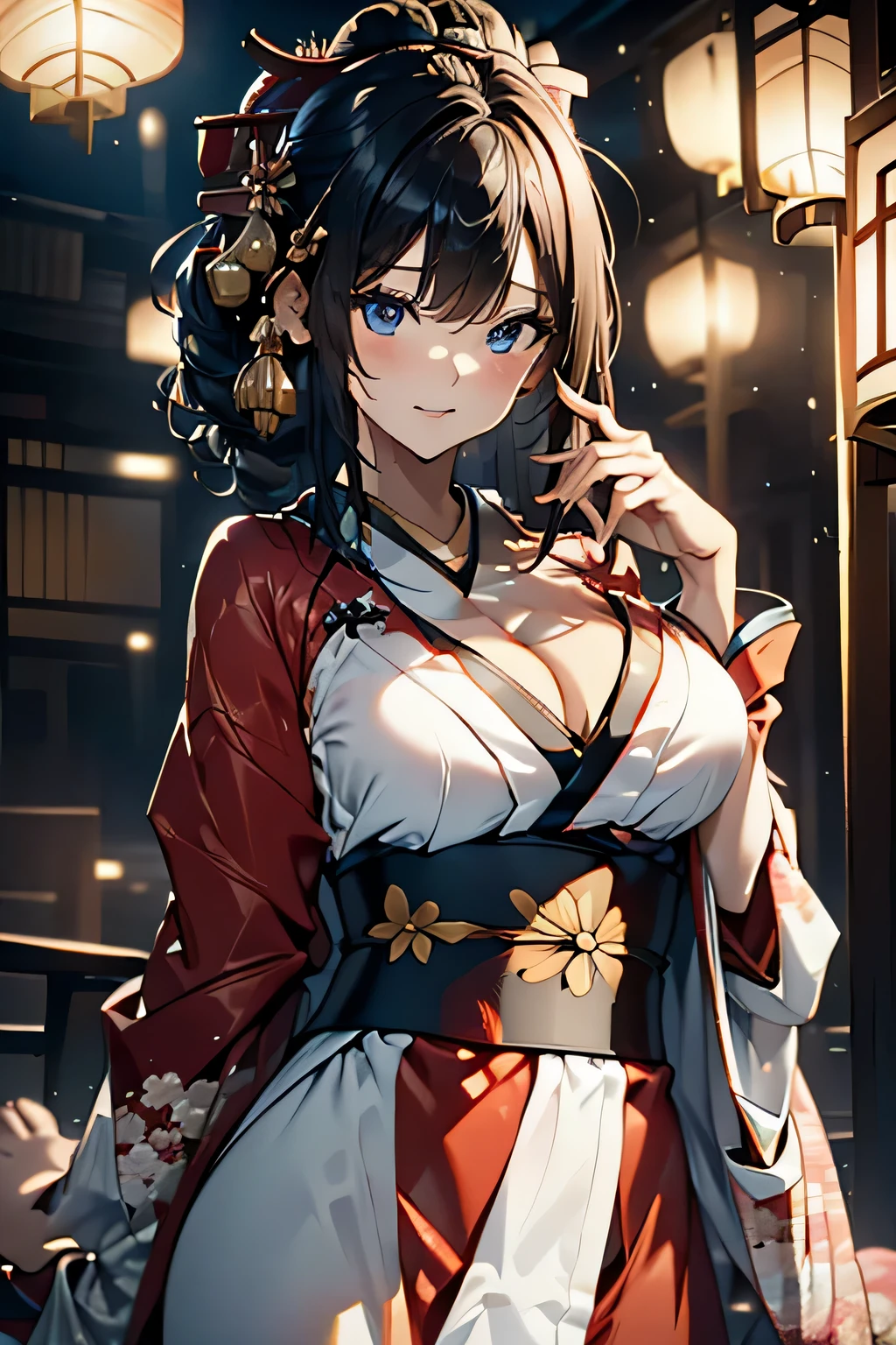 (((Gorgeous courtesan kimono:1.7))),(Beautiful mature woman dressed as an aristocrat's courtesan),(((A flashy and extravagant courtesan's costume:1.3))),(Glamorous Jar)(Gorgeous floral hair ornament),Gorgeous floral braided top knot,(Very delicate and beautiful hair,),(((Accentuate larger breasts:1.3))),Fireworks shooting up into the sky against the backdrop of the riverbank at night.、Cute round face,Detailed garment features,Detailed hair features,Detailed facial features,Looking at the camera,(Dynamic Angle),(Dynamic and sexy pose),Cinematic Light,(Ultra-high resolution output images,Written boundary depth,Intricate details,Light and shadow contrast、The subject appears three-dimensional,) ,Single-lens reflex camera, (Realistic:1.3),(8K quality,Anatomically correct facial structure,),(SeaArt 2 Mode:1.3),(Picture Mode Ultra HD,)