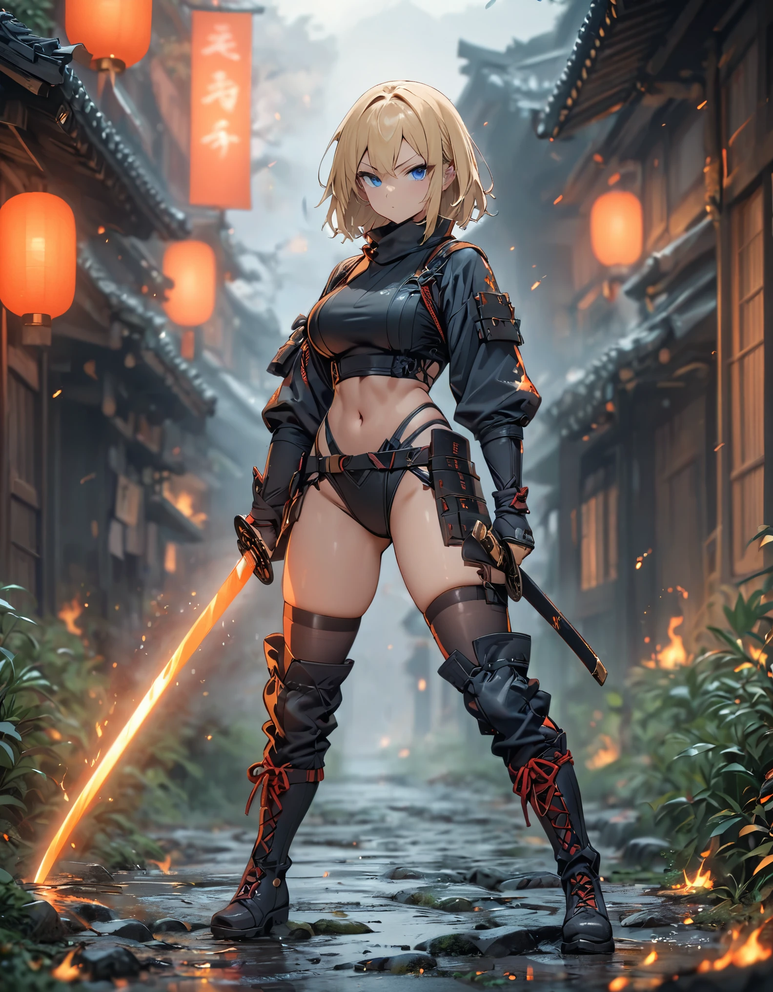 masterpiece, best quality, 1girl, blonde_hair, blue_eyes, boots, breasts, clenched hand, clenched hands, crop top, full body, gloves, knee boots, medium hair, medium breasts, midriff, navel, bob hair, solo, standing, thighhighs, turtleneck, black leotard, ninja, (holding a samurai sword, katana, glowing sword), burning japanese village backdrop, danger atmosphere, grim, stance, full body with costume