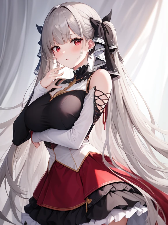 (masterpiece, Best quality1.2),illustration,8k,HD,1 Girl,Solitary,hands up,(portrait:1.2),long_hair,Large target_breast,Red_Eye,Very_long_hair,Bangs,Double tail,ribbon,grey_hair,cleveage,hair_ribbon,Two-color_ribbon,between_breast,Black_skirt,skirt,decorate,only_Shoulder,Frilly_skirt,long_sleeve,Two-color_skirt,jewelry,earrings,indoors
