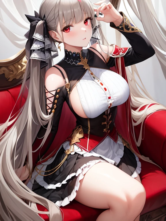 (masterpiece, Best quality1.2),illustration,8k,HD,1 Girl,Solitary,hands up,(portrait:1.2),long_hair,Large target_breast,Red_Eye,Very_long_hair,Bangs,Double tail,ribbon,grey_hair,cleveage,hair_ribbon,Two-color_ribbon,between_breast,Black_skirt,skirt,decorate,only_Shoulder,Frilly_skirt,long_sleeve,Two-color_skirt,jewelry,earrings,indoors
