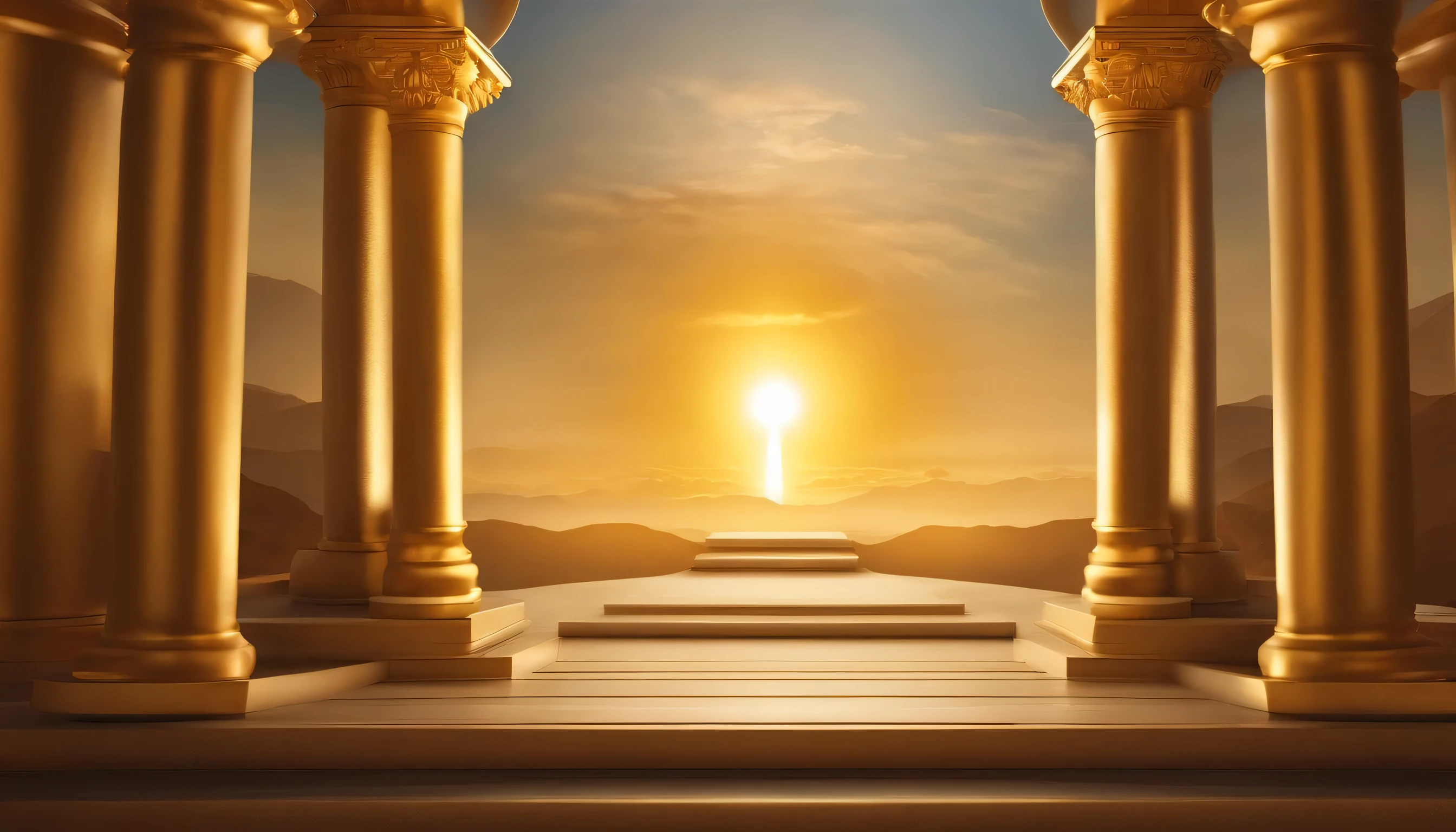 Illustration of a staircase leading to a doorway where light enters, The Golden Gate of Heaven!!!!!!!!, Pillar of pure gold, The Gate of the High Golden Sky, The Golden Pillar, Temple Background, lampshade light shaft, Tabernacle Deep Focus, light kingdom backdrop, The Temple of Truth is White, Where the sun shines in the center, Heaven's Gate, Greek Temple Background