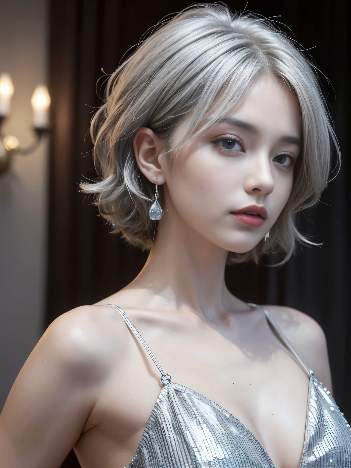 (8k, highest quality, High resolution, masterpiece :1.3), wavy silver short hair, hair band, Big Breasts, race, Upper Body, Earrings, Strike a Pose,