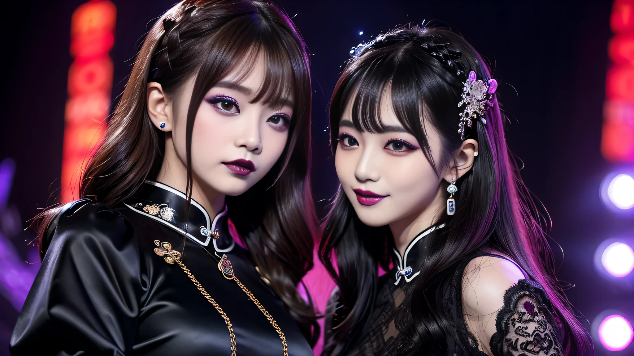 2girls、best quality、ultra-detailed、4k、Japanese、Seductive beauty、seductive adult woman、Pretty Woman、cool girl、Villainess、Brainwashed、brainwash、Fallen into evil、smirk、Evil look、Wicked Smile、evil、Brown hair、wavy hair、swept bangs、dark makeup、dark makeup、piercing eyes、hollow eyes,half-closed eyes、Hollow Eyes、Purple Eyeshadow、black lipstick、black lipglos、Long Black Cheongsam、Wide sleeves、night、inside Live stage、Applying lipstick、Making injections