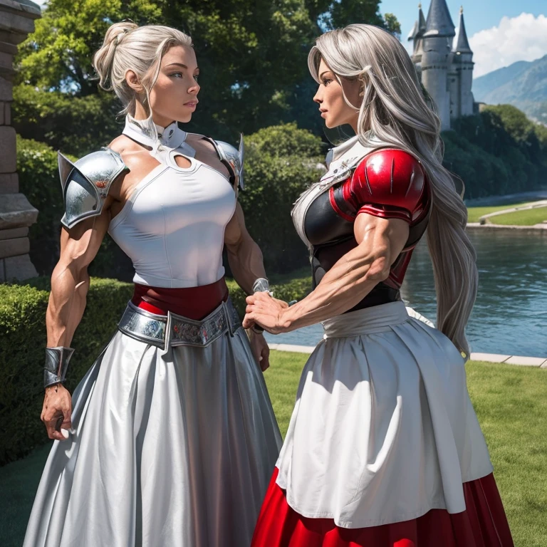 IFBB teen female bodybuilder Jessica Biel, bodybuilder veins, masterpiece, best quality, illustration, fighting pose, 1girl, noelle genshin impact, short silver hair, green eyes, maid skirt with red side parts, maid knight, maid knight armor, castle bridge, water,