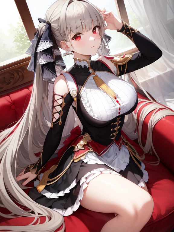 (masterpiece, Best quality1.2),illustration,8k,HD,1 Girl,Solitary,hands up,(portrait:1.2),long_hair,Large target_breast,Red_Eye,Very_long_hair,Bangs,Double tail,ribbon,grey_hair,cleveage,hair_ribbon,Two-color_ribbon,between_breast,Black_skirt,skirt,decorate,only_Shoulder,Frilly_skirt,long_sleeve,Two-color_skirt,jewelry,earrings,indoors,No windows