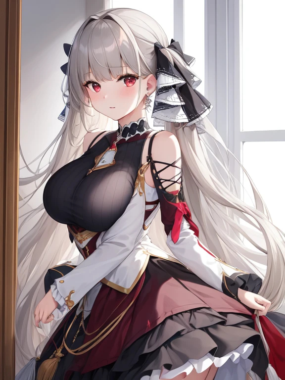 (masterpiece, Best quality1.2),illustration,8k,HD,1 Girl,Solitary,hand up,(portrait:1.2),long_hair,Large target_breast,Red_Eye,Very_long_hair,Bangs,Double tail,ribbon,grey_hair,cleveage,hair_ribbon,Two-color_ribbon,between_breast,Black_skirt,skirt,decorate,only_Shoulder,Frilly_skirt,long_sleeve,Two-color_skirt,jewelry,earrings,indoors,No Windows