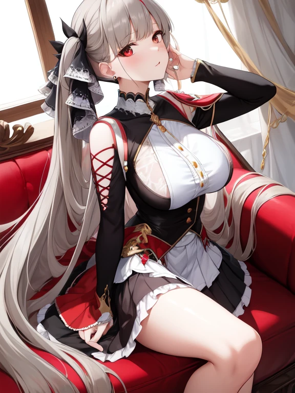 (masterpiece, Best quality1.2),illustration,8k,HD,1 Girl,Solitary,hand up,(portrait:1.2),long_hair,Large target_breast,Red_Eye,Very_long_hair,Bangs,Double tail,ribbon,grey_hair,cleveage,hair_ribbon,Two-color_ribbon,between_breast,Black_skirt,skirt,decorate,only_Shoulder,Frilly_skirt,long_sleeve,Two-color_skirt,jewelry,earrings,indoors,No Windows