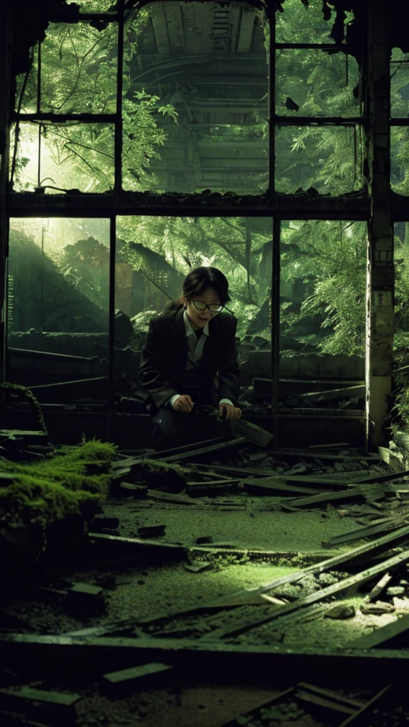 subway,moss,Collapse,Devastation,Inside the ruins,narrow eyes,Showa,Glasses,Women,adventure,Black and White,
