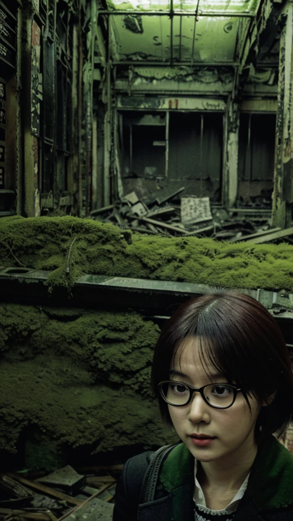subway,moss,Collapse,Devastation,Inside the ruins,narrow eyes,Showa,Glasses,Women,adventure,Black and White,