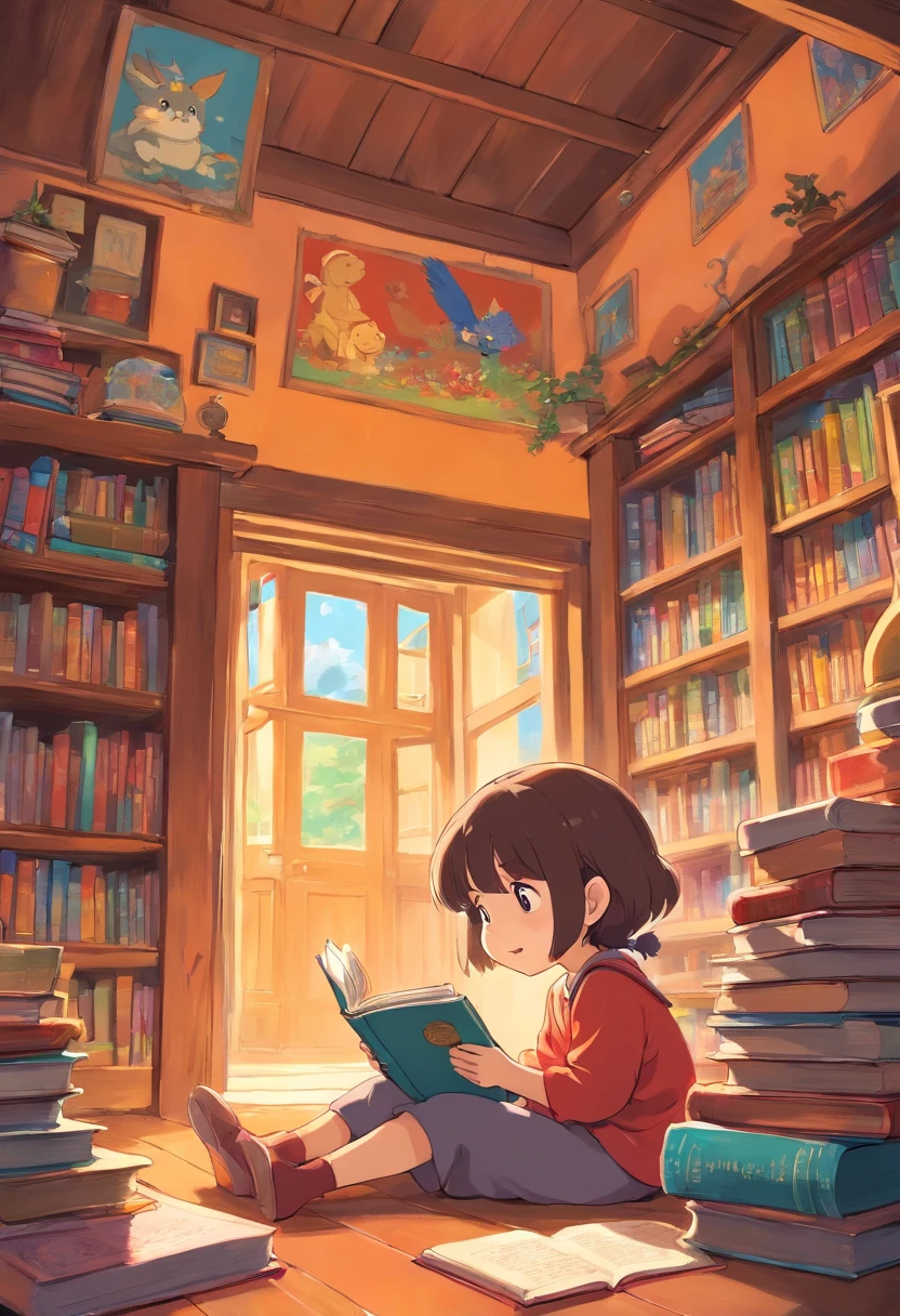 Cute children with books in hands reading interested in stories and reading in a nice cheerful room with colors many books around