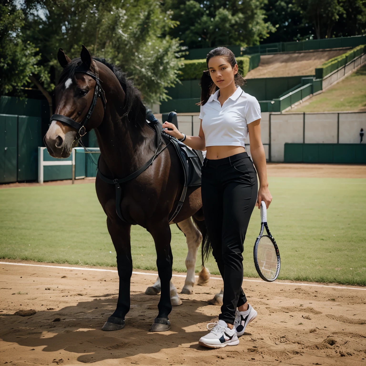 A horse with tennis shoes and black pants
