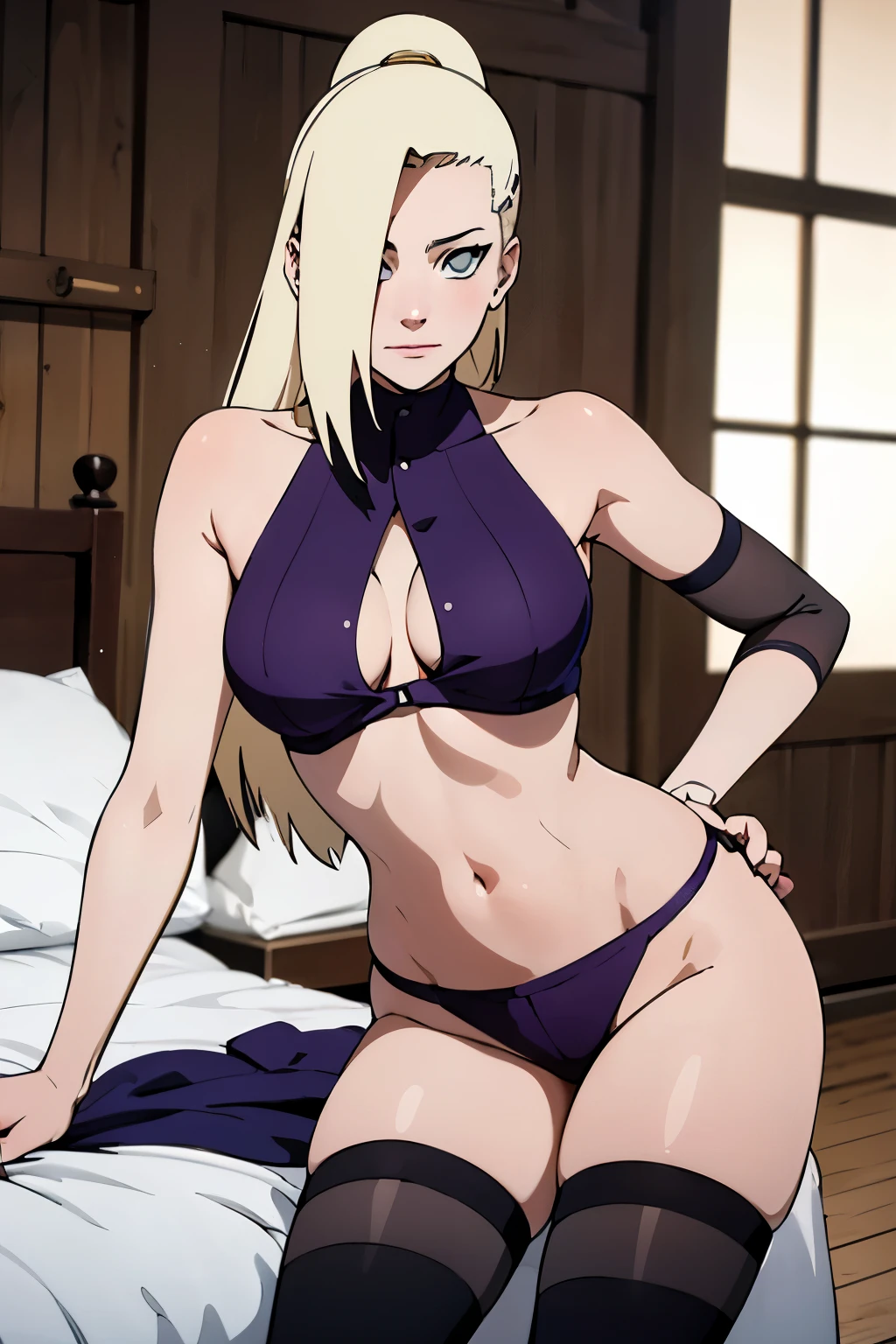 ((Best quality)), ((masterpiece)), (detailed), perfect face, yamanaka ino, black underwear, stockings, long light hair, bang, on the bed