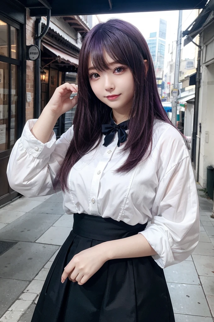 muste piece, best quality, illustration, Super detailed, fine details, High resolution, 8K,wall paper, perfect dynamic composition,(Details High quality, realistic depiction of eyes:1.3), (wavy hair:1.2), (hotel room), white shirt、Black tie、Black apron, ((facing viewer)), at the street in tokyo, Layered Cut, black hair color, Big Natural Color Lip, sexy pose, crying a little、cold gaze, Harajuku style、20 year old girl、cute type、lolita, hposing Gravure Idol, full body photo, huge breasts