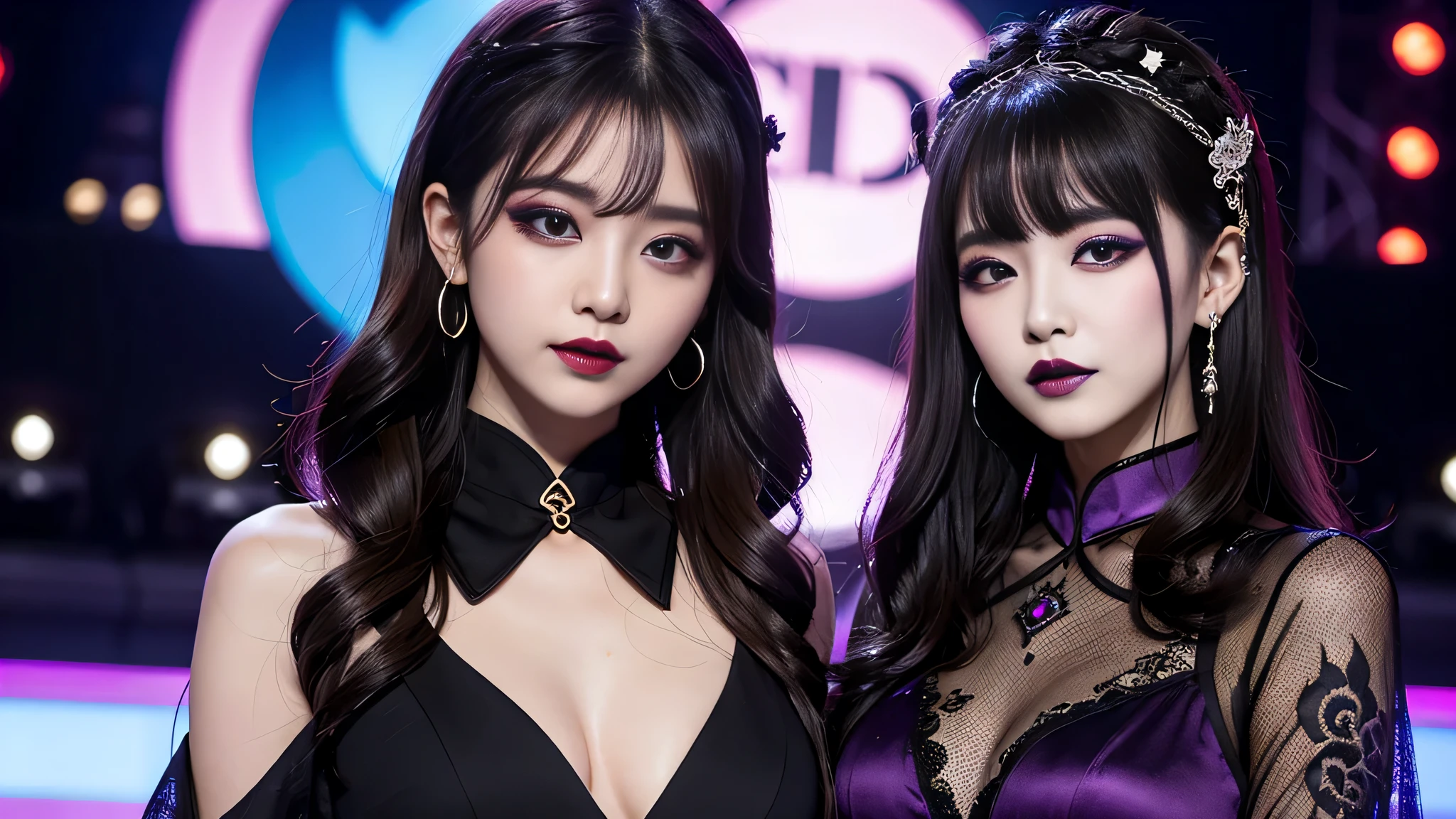 best quality、ultra-detailed、4k、Japanese、Seductive beauty、seductive adult woman、Pretty Woman、cool girl、Villainess、Brainwashed、brainwash、Fallen into evil、smirk、Evil look、Wicked Smile、evil、Brown hair、wavy hair、swept bangs、dark makeup、dark makeup、piercing eyes、hollow eyes,half-closed eyes、Hollow Eyes、purple Eyeshadow、black lipstick、black lipglos、Lace fabric、blue party dress、Wide sleeves、flare skirt、stockings、pantyhose、night、inside darkroom、Are standing、shoot from below、Make up、Hold a small makeup brush、Swear allegiance、I have pledged my allegiance、Seduce、