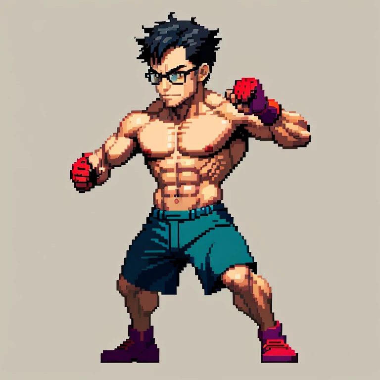 (masterpiece, top quality, best quality), pixel, pixel art, 1man,glasses,punch power,full body