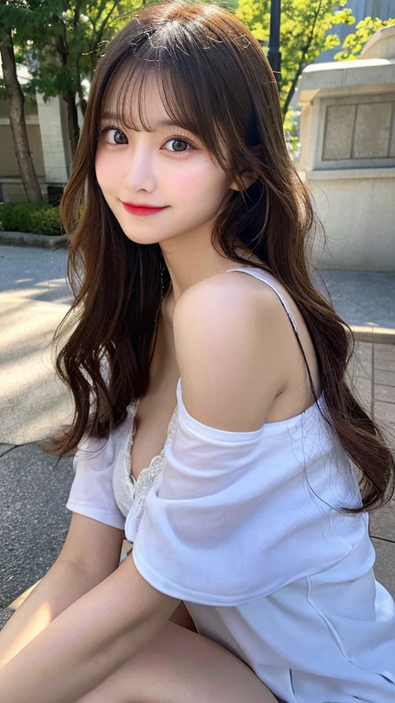 highest quality, shape, Very detailed, finely, High resolution, 8k wallpaper, 完璧なダイナミックな構shape, Beautiful and detailed, Summer clothes,Medium Hair,Natural color lip,smile,20-year-old girl、Midnight、Beautiful and elaborate face、Perfect and beautiful face、Slim face and figure,spread your arms wide,Big eyes,Take a photo with your face raised from below your knees、Small face、Beautifully detailed face、Perfect and beautiful double eyelids、Big cleavage、Thin legs、One Woman