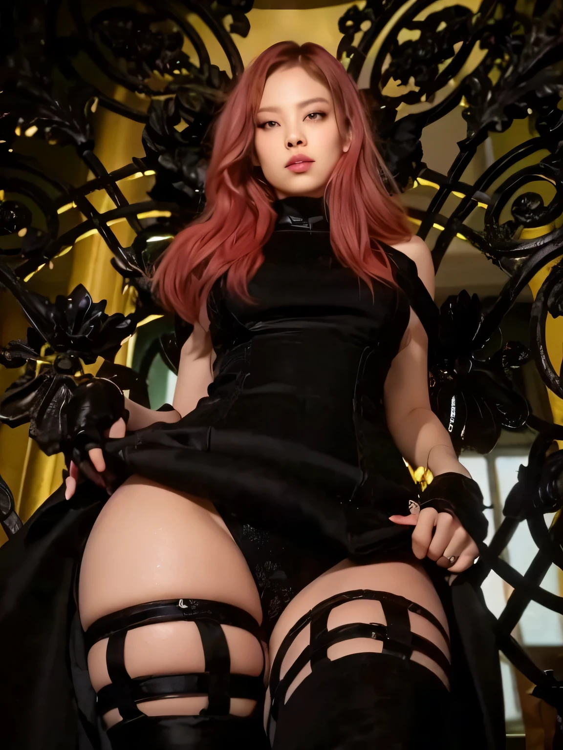 un primer plano de una mujer con un vestido negro y medias, en su trono, succubus in short tight dress, cruel korean gothic girl, sitting en su trono, seductive dark fantasy cyberpunk, imponente y dominante, retrato seductor de Jennie de blackpink, tendencia en cgstation, Jennie Kim de cuerpo completo, pose dominante sexy
