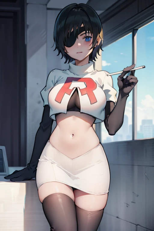 Himeno , team rocket,team rocket uniform,white skirt,red letter R,crop top,black thigh-highs,black elbow gloves