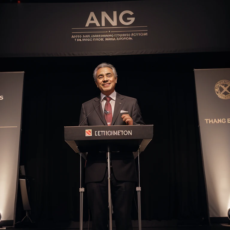 A smiling Carlo Benjamin, dressed in a suit, giving a half-body speech on stage in front of a microphone. The photo is in XL size and the image has realistic details. The stage is well-lit with spotlights, creating a dramatic atmosphere. The colors are vivid and vibrant, enhancing the impact of the image. Carlo Benjamin's confident expression and engaging body language capture the attention of the audience. The microphone and sound equipment are visible, highlighting the importance of communication. The backdrop behind Carlo Benjamin is a tastefully designed podium or banner displaying relevant logos or messages. The overall composition is visually appealing and balanced, with a focus on Carlo Benjamin as the central figure.