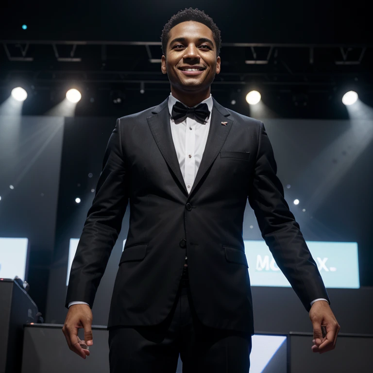A smiling Carlo Benjamin, dressed in a suit, giving a half-body speech on stage in front of a microphone. The photo is in XL size and the image has realistic details. The stage is well-lit with spotlights, creating a dramatic atmosphere. The colors are vivid and vibrant, enhancing the impact of the image. Carlo Benjamin's confident expression and engaging body language capture the attention of the audience. The microphone and sound equipment are visible, highlighting the importance of communication. The backdrop behind Carlo Benjamin is a tastefully designed podium or banner displaying relevant logos or messages. The overall composition is visually appealing and balanced, with a focus on Carlo Benjamin as the central figure.