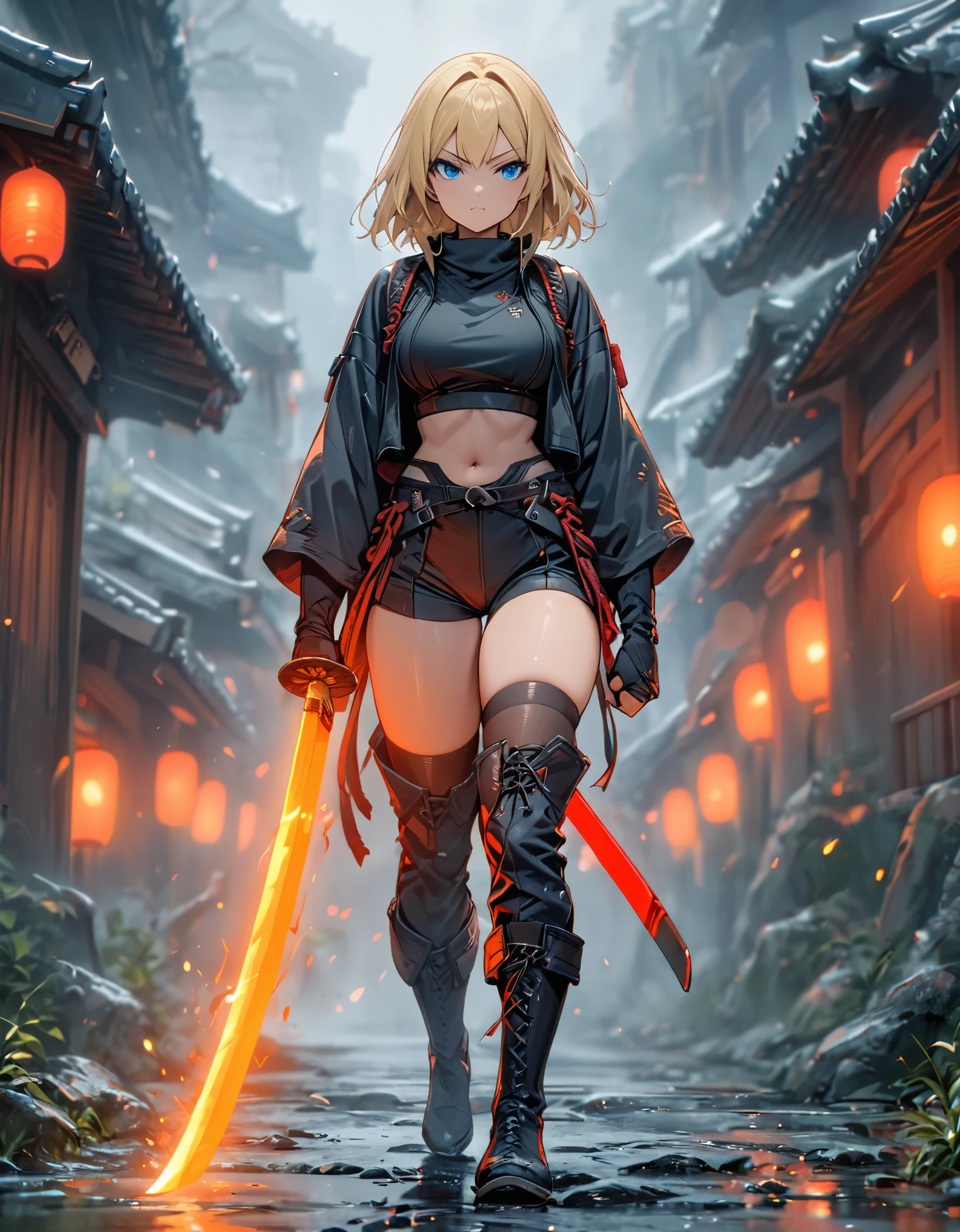 masterpiece, best quality, 1girl, blonde_hair, blue_eyes, boots, breasts, clenched hand, clenched hands, crop top, full body, gloves, knee boots, medium hair, medium breasts, midriff, navel, bob hair, solo, standing, thighhighs, turtleneck, black leotard, ninja, (holding a samurai sword, katana, glowing sword), burning japanese village backdrop, danger atmosphere, grim, stance, full body with costume