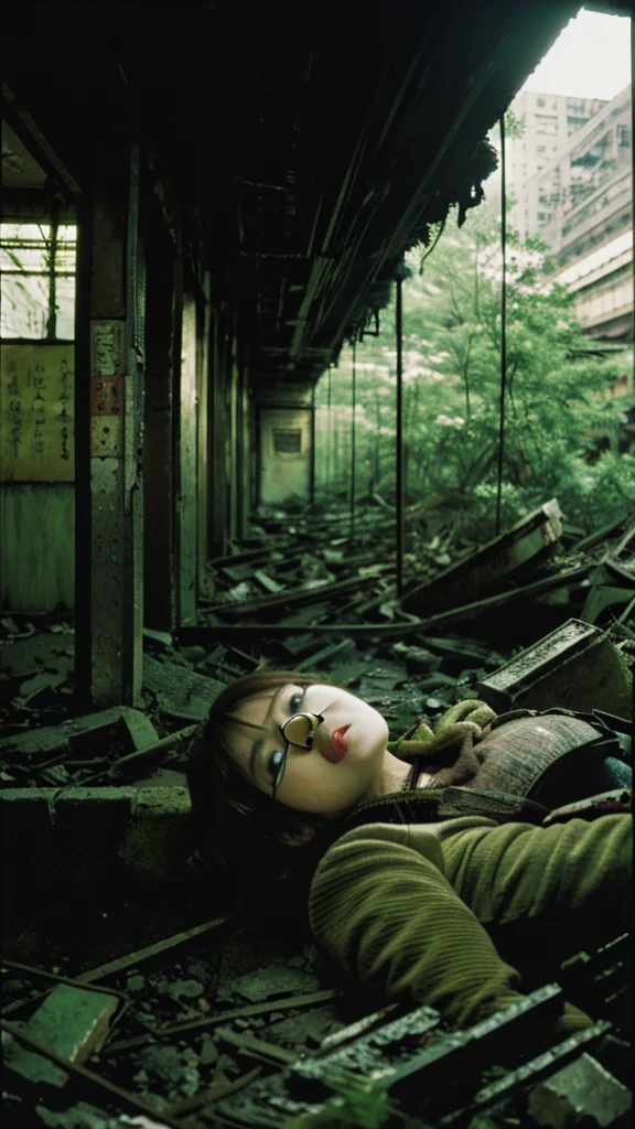 Showa,moss,Collapse,Devastation,Inside the ruins,Glasses,Women,adventure,Black and White,