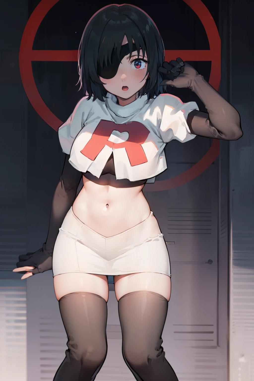Himeno , team rocket,team rocket uniform,white skirt,red letter R,crop top,black thigh-highs,black elbow gloves