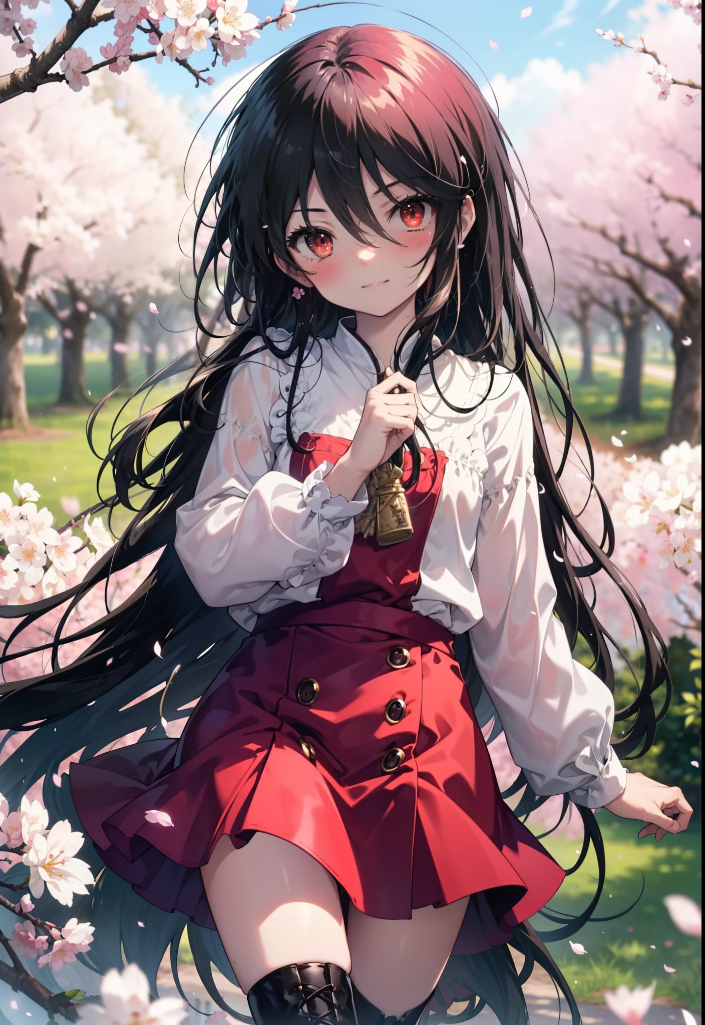 Shana,灼眼のShana,Long Hair, Red Hair, (Red eyes:1.5) (Flat Chest:1.2),smile,blush,Pink dress,Long skirt,short boots,Cherry blossom tree-lined path,Cherry blossoms are blooming,Cherry blossoms are scattered,morning,morning陽,The sun is rising,
break looking at viewer, (Cowboy Shot:1. 5)
break outdoors, garden,
break (masterpiece:1.2), highest quality, High resolution, unity 8k wallpaper, (figure:0.8), (Detailed and beautiful eyes:1.6), Highly detailed face, Perfect lighting, Extremely detailed CG, (Perfect hands, Perfect Anatomy),