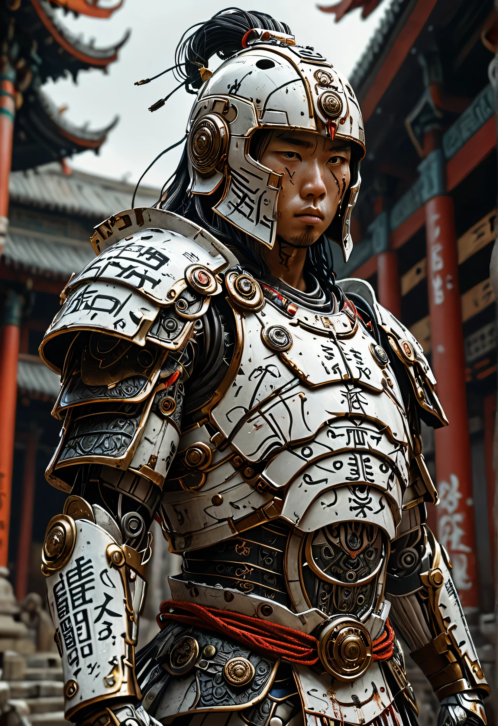 Masterpiece, Majestic. POV: three-quarter shot in camera Canon EOS R6 Mark II, Len EE 35mm, f1.6. Ancient warrior standing in dynamic pose. White and majestic helmet which hides the warrior’s face, evoking the greatness of the character. White armor with runes written in deep lines on it, bold lines, ancient chinese and japanese style combined with cyborg technology and distopic future, photorrealistic, hyperdetailed, raytracing, ambient occlussion, 16K UDH.