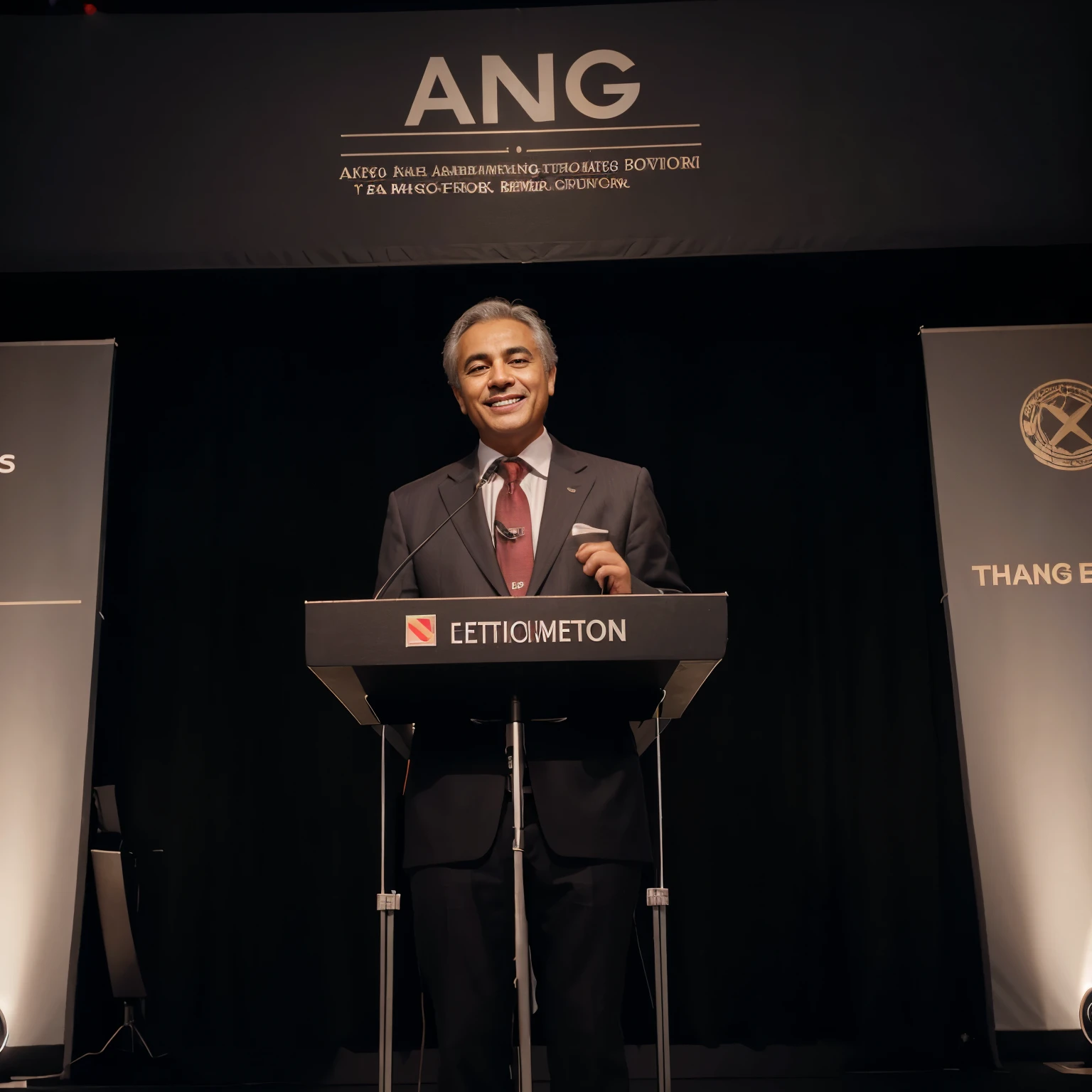 A smiling Carlo Benjamin, dressed in a suit, giving a half-body speech on stage in front of a microphone. The photo is in XL size and the image has realistic details. The stage is well-lit with spotlights, creating a dramatic atmosphere. The colors are vivid and vibrant, enhancing the impact of the image. Carlo Benjamin's confident expression and engaging body language capture the attention of the audience. The microphone and sound equipment are visible, highlighting the importance of communication. The backdrop behind Carlo Benjamin is a tastefully designed podium or banner displaying relevant logos or messages. The overall composition is visually appealing and balanced, with a focus on Carlo Benjamin as the central figure.