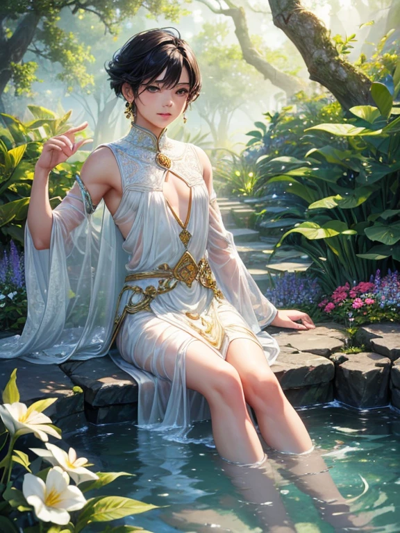 (best quality,4k,highres),soft and curvy,ultra-detailed,(realistic:1.37) pencil-sized male, tiny person, small person, (masculine:1.1) figure, colorful scenery, vibrant colors, (detailed face:1.1), expressive eyes, finely crafted lips, (stylish:1.1) outfit, (confident:1.1) posture, (dynamic:1.1) pose, (athletic:1.1) physique, (attractive:1.1) appearance, (charismatic:1.1) aura, (playful:1.1) smile, (peaceful:1.1) atmosphere, (sunlit:1.1) setting, gentle breeze, (tranquil:1.1) environment, (serene:1.1) landscape, (harmonious:1.1) surroundings, (captivating:1.1) perspective, (impressive:1.1) details, (sparkling:1.1) water feature, (colorful:1.1) flowers, (beautifully:1.1) crafted plants, (delicate:1.1) leaves, (majestic:1.1) trees, (scenic:1.1) path, (crystal-clear:1.1) reflections, (brilliant:1.1) sunlight, (subtle:1.1) shadows, (dreamlike:1.1) ambiance, artistic illustration, (dreamy:1.1) color palette, (magical:1.1) lighting, (ethereal:1.1) atmosphere, man, small person next to a large tree