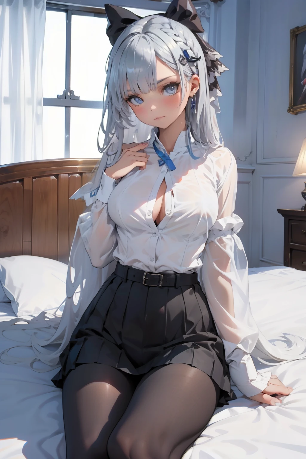 (quality)), ((masterpiece)), Recommended results、puffynipple、(see through:1.5)、FULL-BODY ESBIAN、squatt, straighten your back、(Keep your hips forward:1.)、、spread 、A slender one、angle to floor:1.2、low camera angle、(standing, dynamic pose), (dainty pose, super cute), indoor background, Fashion magazine shoot, professional shading, best illustration of her looking pretty, (best quality:1.3), (masterpiece:1.3), (illustration:1.3), (ultra-detailed:1.3), 1girl, 8k, RAW photos, best qualtiy, masterpiece, High-detail RAW color photos, profesional photo, (realisticlying, realisticlying:1.37), (highdetailskin:1.2), A high resolution, eyes in beautiful detail, (Beautiful and meticulous girl with infinite desire), 1girl,solo,Detailed face,fully body photo,Girl Focus,Lie down on the bed and stretch your limbs,light wind Two-dimensional style, ((Open your legs)),Lie down with your legs facing the camera,Full body photo highlights legs,Bust exposed,Bohemian character hair between eyes, hair ornament, hairclip, sidelocks, slender body, slender legs, natural large breasts, argus \(azur lane\), long silver hair, emotional face, tall, mature, head ornaments, black stockings, argusschool, no shirt, no skirt, black_pantyhose, black lace bra, European women, European eyes, European face, camel toe, no panties, vagina visible, body with upper clothes,