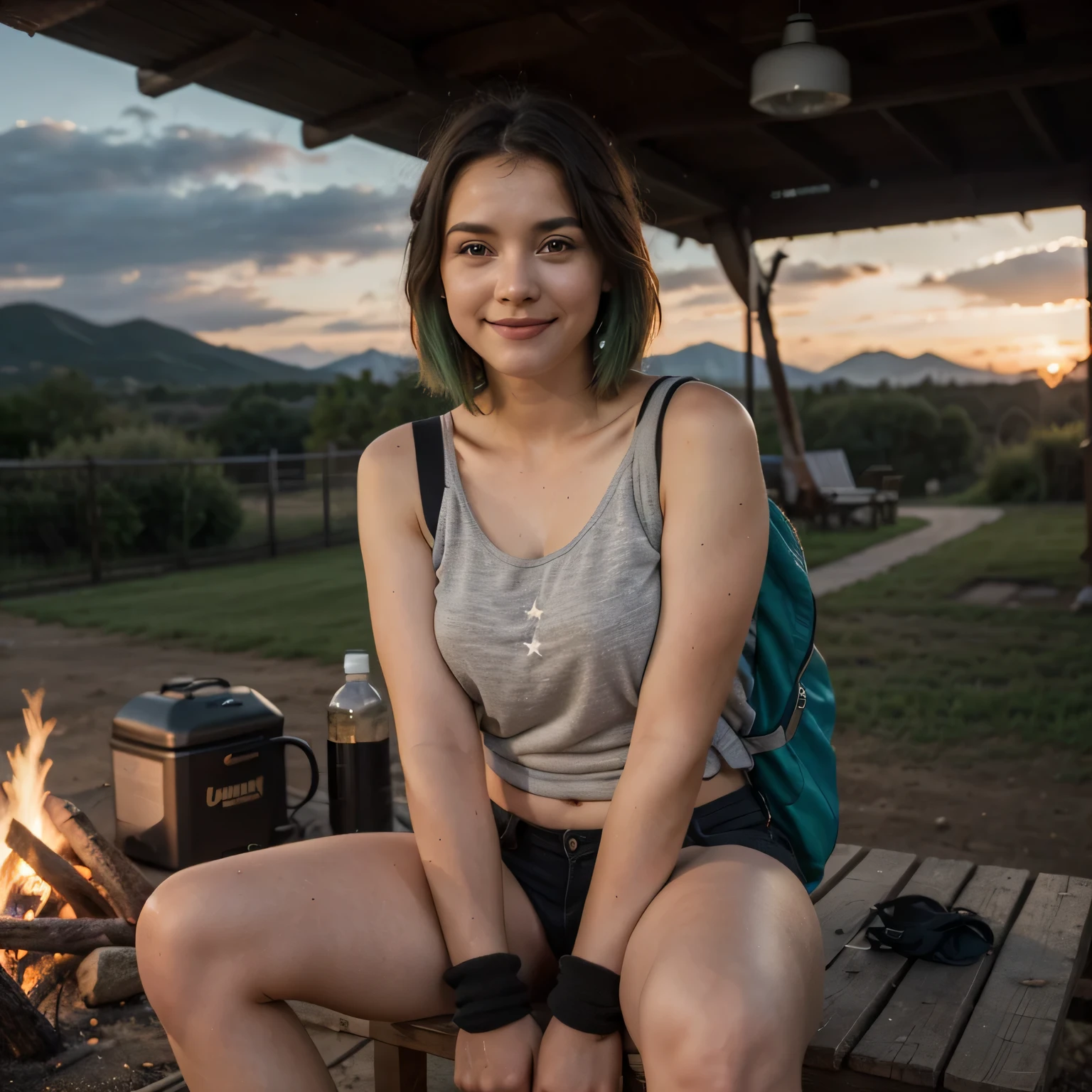 1girls, Nur, green Hair , 24 years old , 1 woman, short pants, cold blouse, short brown shoulder-length hair just above the shoulder, smiling, happy)) masterpiece, top quality, perfect eyes, perfect hands, perfect legs, ultra detailed, solo, outdoor, (sunset) , mountains, nature , (stars, cloud) cheerful, happy, backpack, sleeping bag, camping stove, water bottle, tennis, gloves, flashlight, forest, stones, river, wood, smoke, shadows, contrast, style, ( warm tone, warm tone: 1.2), cinematic light, side lighting, ultra high resolution, best shadow, RAW, log cabin, campfire, 1Best Quality, 8K, Masterpiece:1.3)), Focus: 1.2, Perfect Body Beauty: 1.4, Hips: 1.2, ,  High Detail Facial and Skin Texture, Thin Eyes, Double Eyelids, , Smile, 