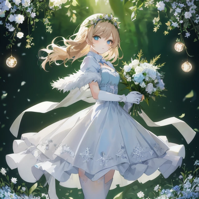 anime girl in a blue dress with flowers and a bouquet,  in dress, cute anime waifu in a nice dress, guweiz on pixiv artstation, high detailed official artwork, a maid in a magical forest, official artwork, guweiz on artstation pixiv, splash art anime , official art, anime moe artstyle