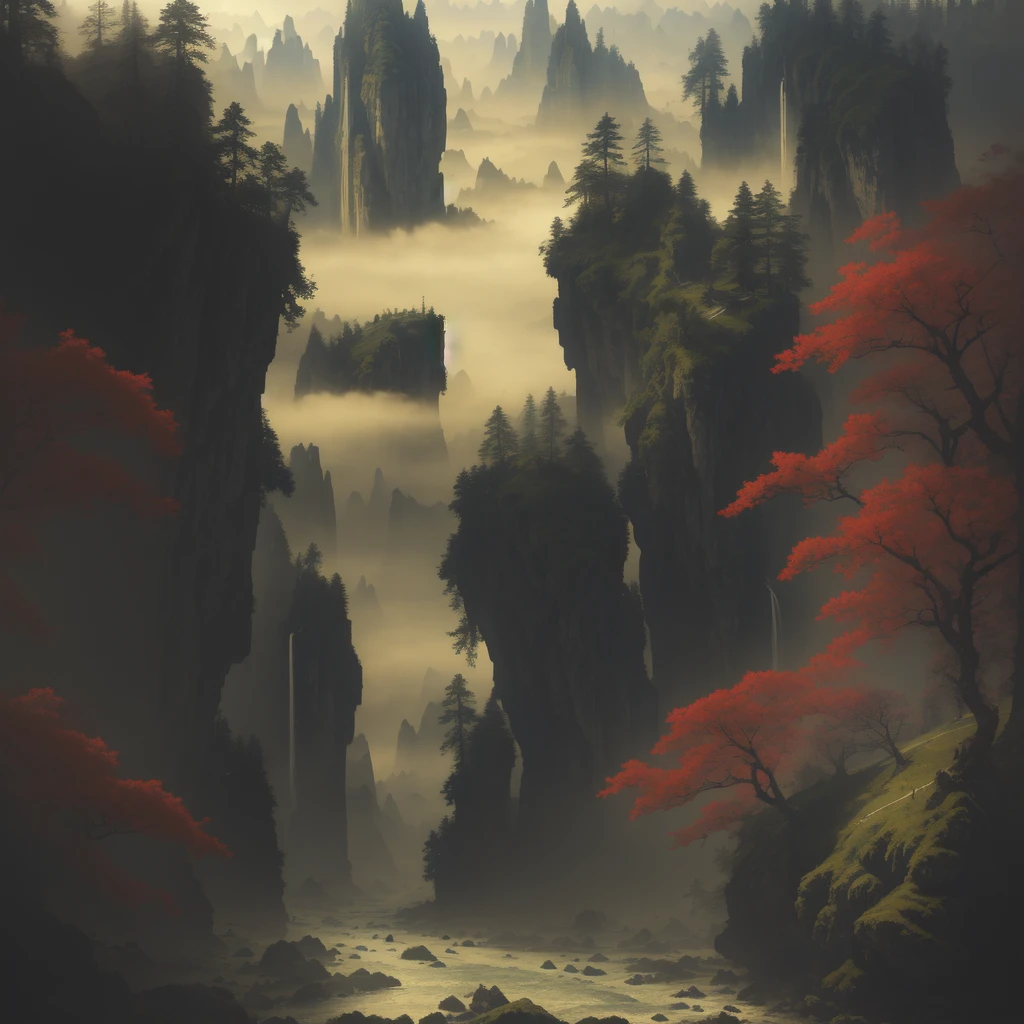 Analog style,ChromaV5,nvinkpunk,(extremely detailed CG unity 8k wallpaper),An image of a majestic river, trees on the sides, tiny waterfall, intense fog in a gorgeous beach ,award winning photography, Chromatic Aberration, Detailed , HDR, Bloom, style by Monet, Pissarro, and Sisley ,trending on ArtStation, trending on CGSociety, art by midjourney